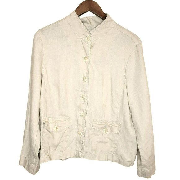Deroo 100% Linen Khaki Button Up Utility Jacket Blazer Tan Long Sleeve Pockets M - Picture 10 of 10